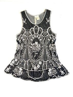 Black & Cream Embroidered Lace Peplum Top M